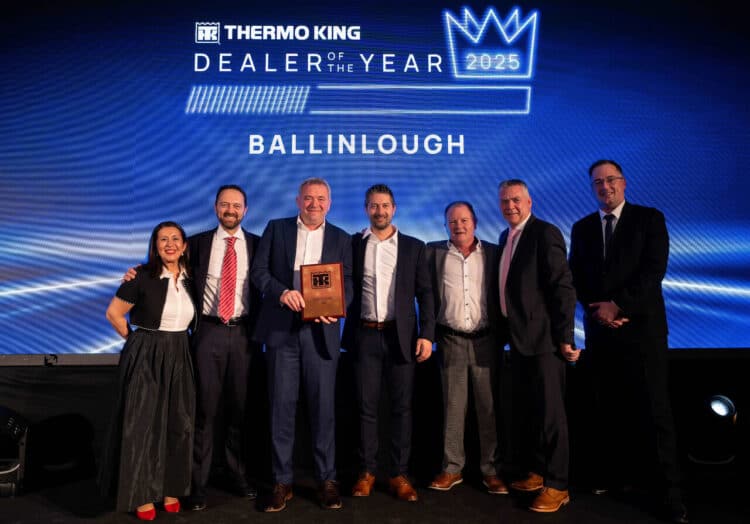 From L-R: Isil Dedeoglu (Thermo King), Claudio Zanframundo (Thermo King), Neil Jordan (Ballinlough), Joe Jordan (Ballinlough), Joe Malone (Ballinlough), Donal Cox (Thermo King) and Benoit Latno (Thermo King). Image: Thermo King.