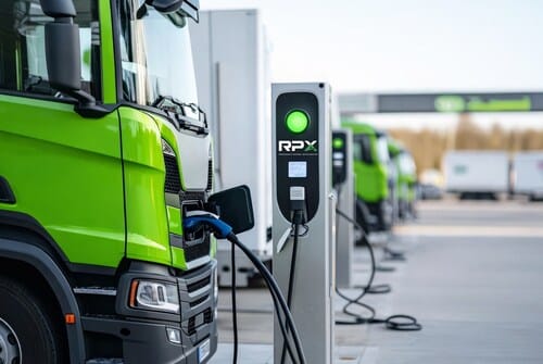 Depiction of RPX's re-focused offering towards electric heavy duty vehicle transport (eHDT) solutions unlocking locally-sourced 100% renewable electricity.