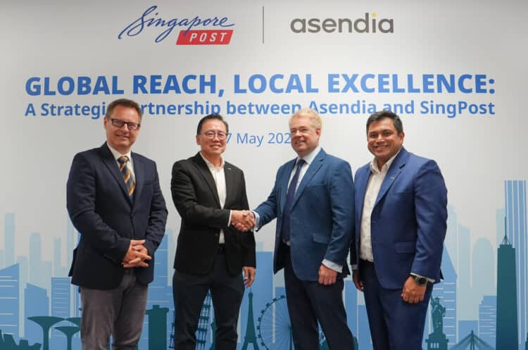 A strategic partnership between Asendia and SingPost – Asendia Head of Asia Pacific, Lionel Berthe; SingPost CEO, Mark Chong; Asendia CEO, Simon Batt; and SingPost Chief Information Technology Officer, Gavin Pathross. Image: Asendia.