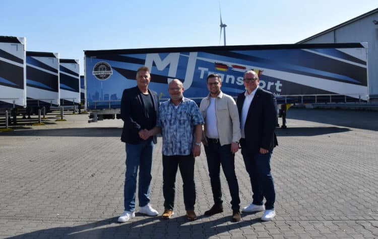 Schmitz Cargobull Head of Sales Region Borken, Matthias Robert; MJ Transport founder, Thomas Sadowski; MJ Transport Managing Director, Maximilian Jos Sadowski; and Schmitz Cargobull Finance Regional Business Manager, Hermann Bone. Image: Schmitz Cargobull.